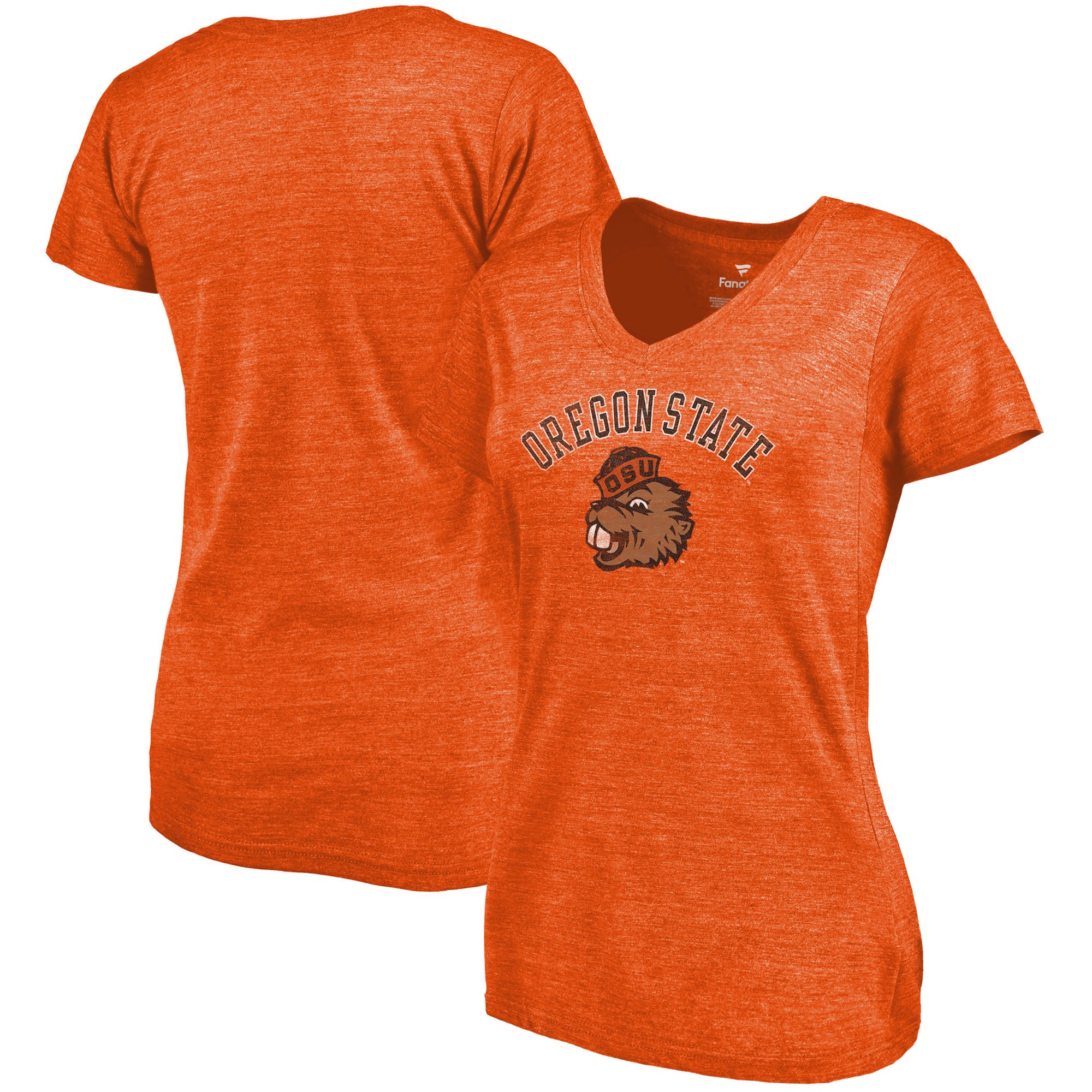 2020 NCAA Fanatics Branded Oregon State Beavers Women Orange Vault Arch Over Logo TriBlend VNeck TShirt